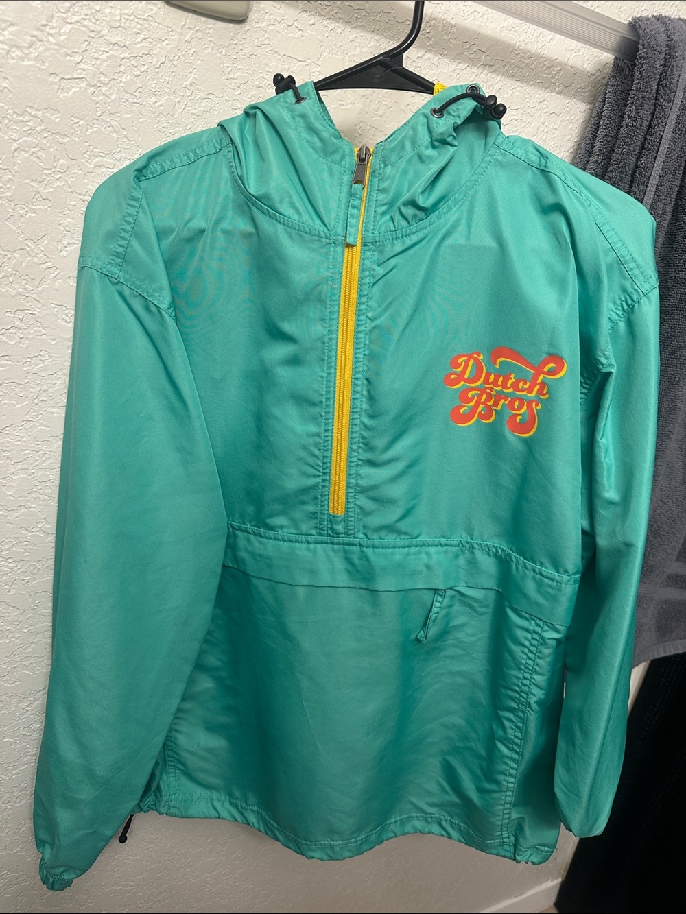 Dutch Bros Teal Hooded Kids Rain Anorak with Yellow Zip